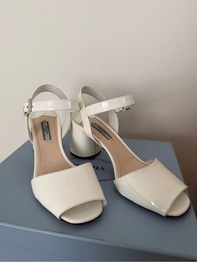 Prada Ivory Patent Leather Block Heel Sandals